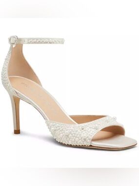 Stuart Weitzman Women's Bliss 75 Sandals Pearl-Embellished White Ankle-Strap Sz9